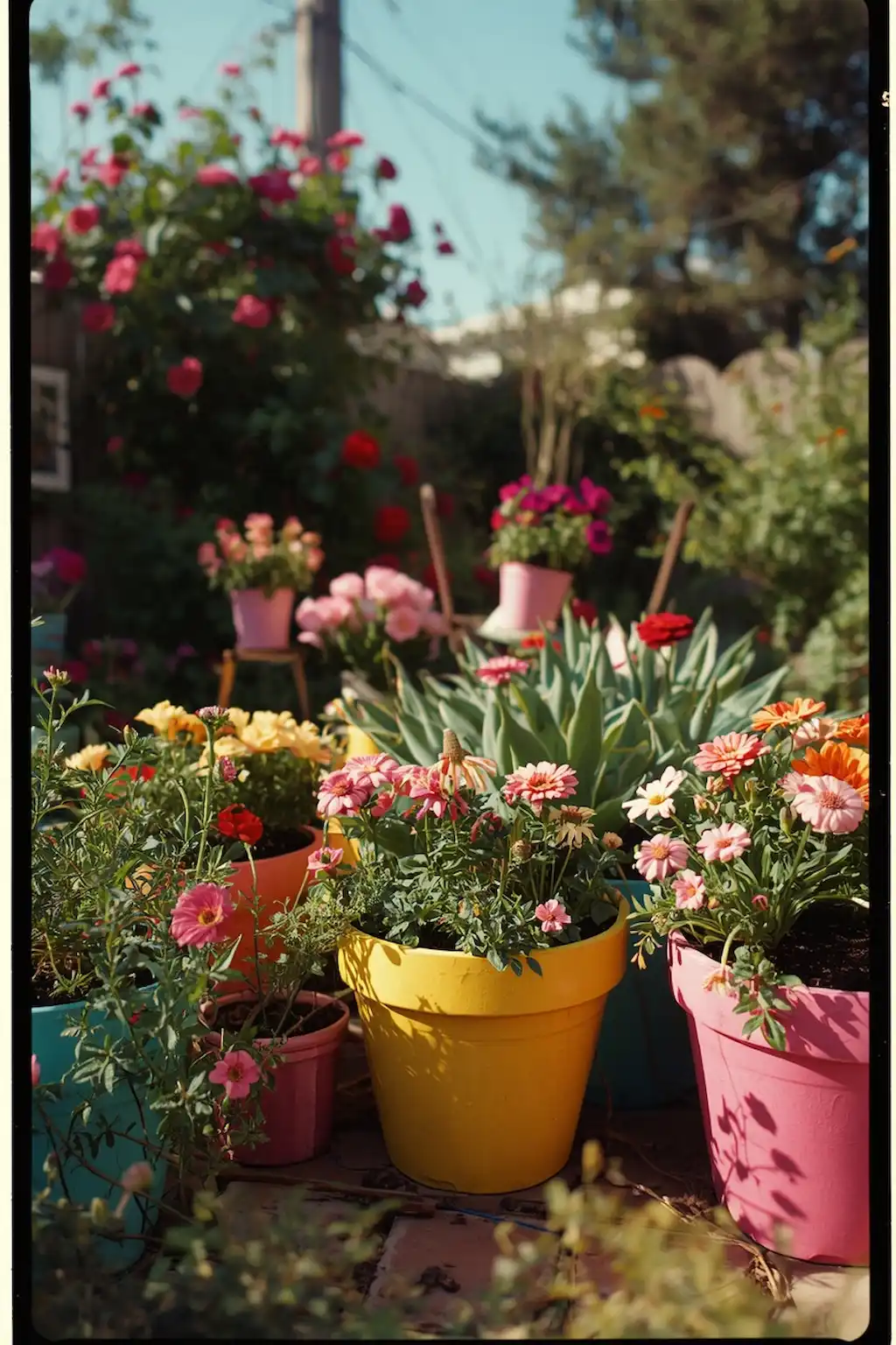 Colorful painted flower pots in garden