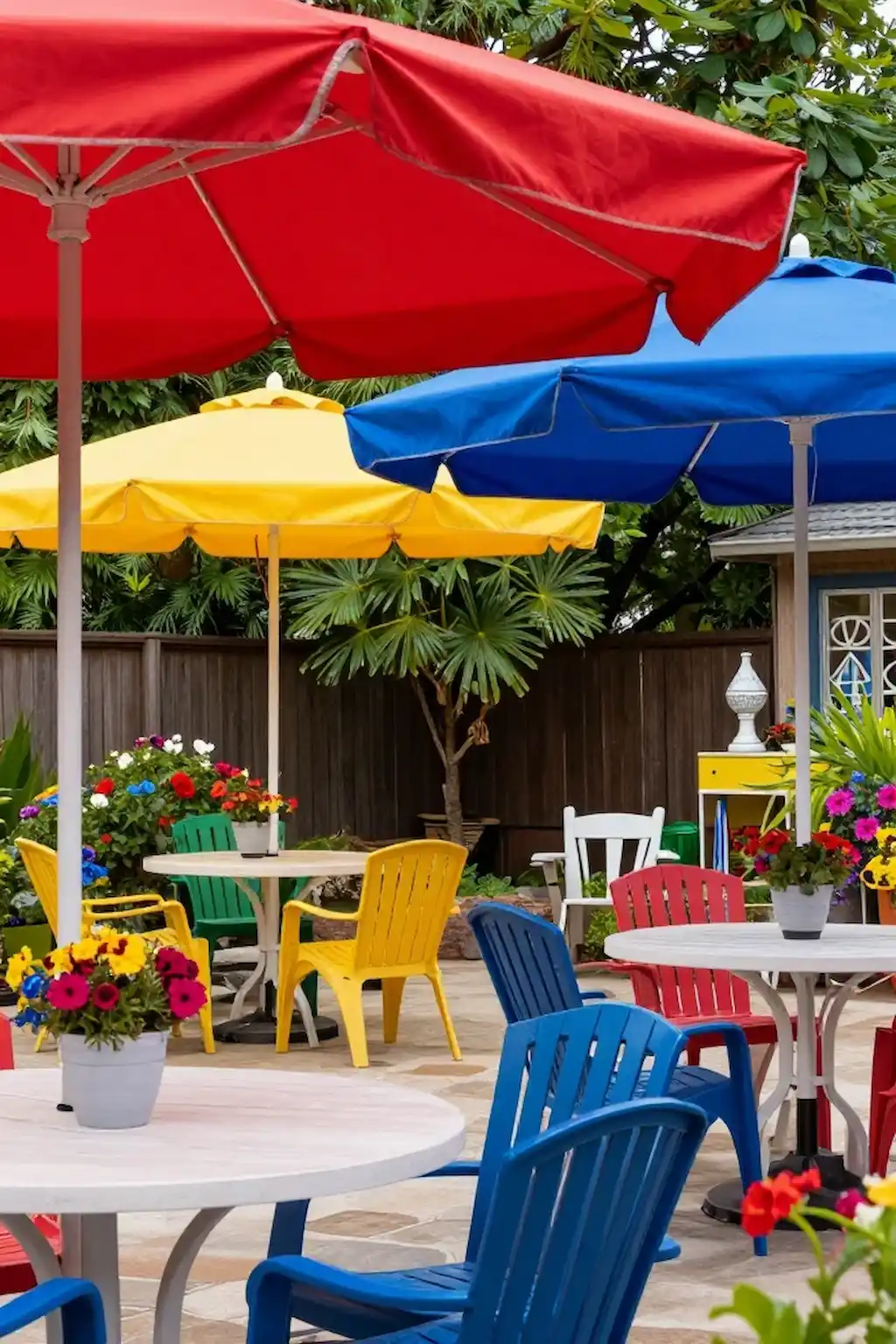 Backyard seating area with colorful umbrellas