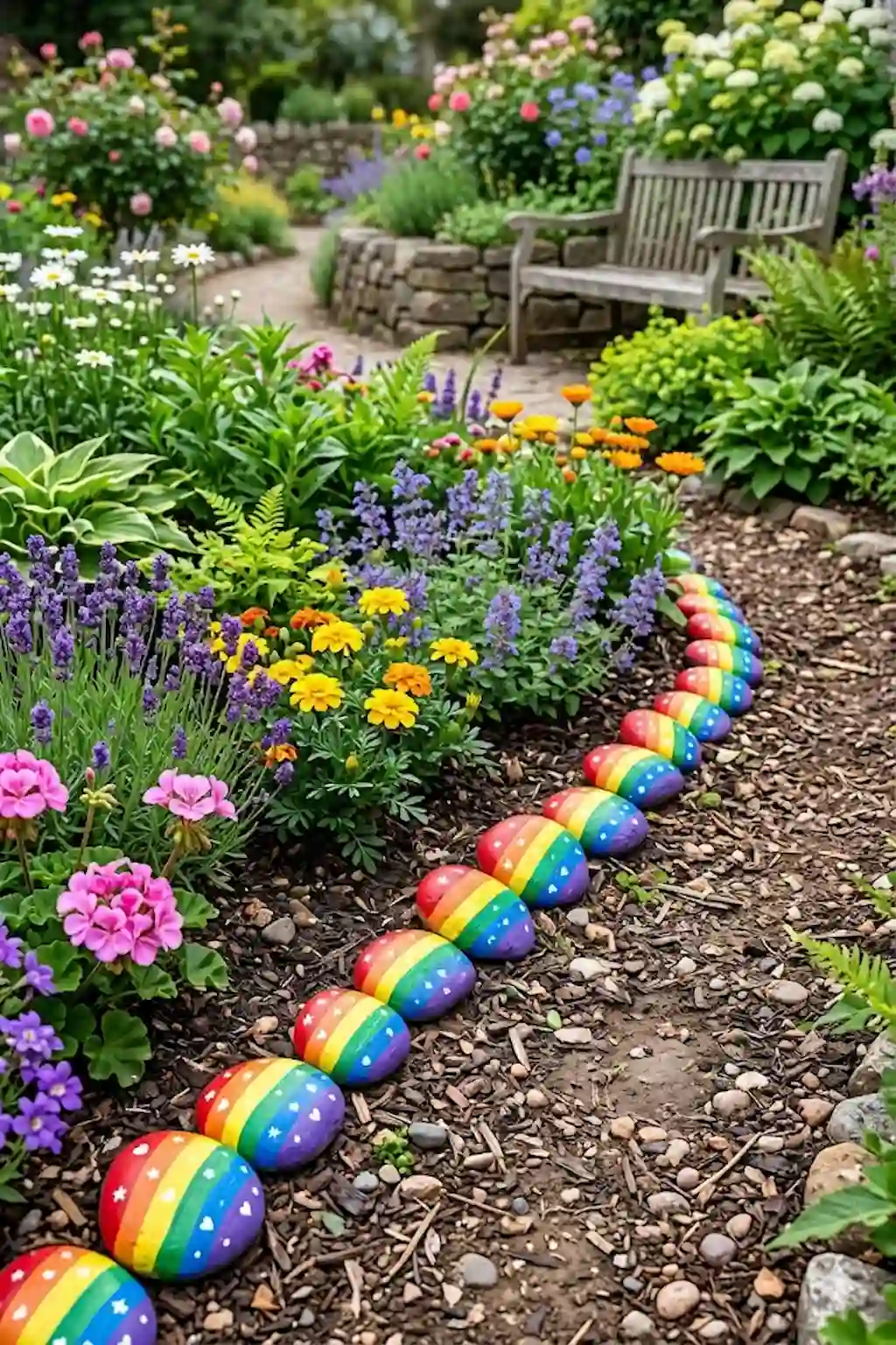 Colorful rainbow-painted rocks decorating a cheerful garden