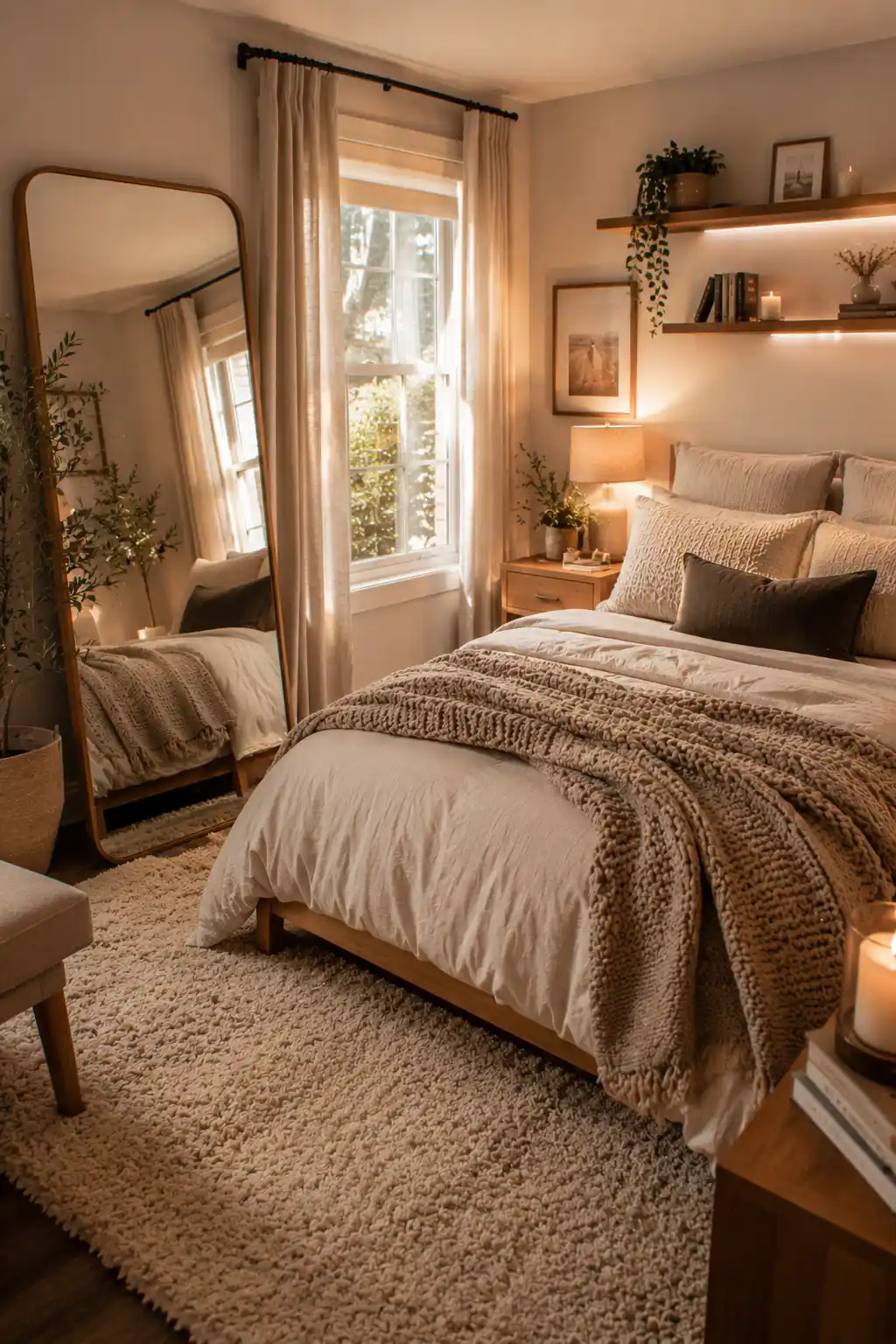 Small bedroom with a large mirror reflecting light and creating an open cozy feel.