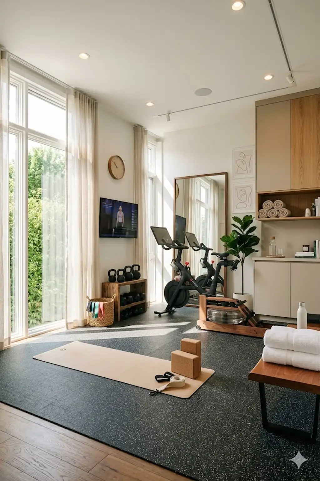 Bright spare bedroom converted into a stylish home fitness studio with mirrors and workout equipment