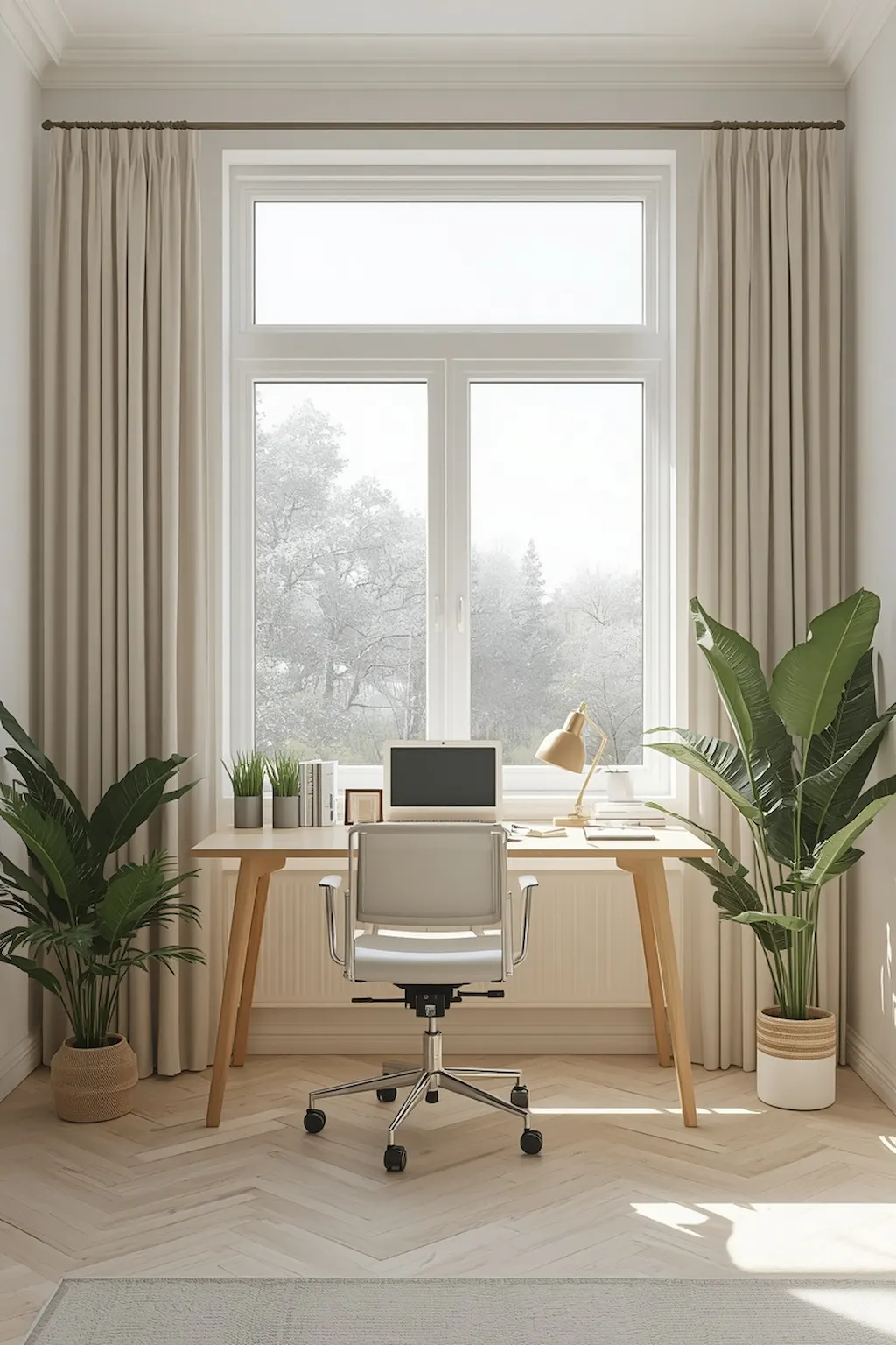 Small study desk placed beside a large apartment window with natural sunlight and indoor plants