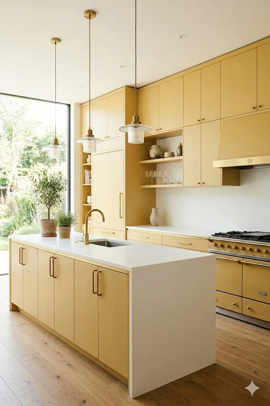 Bright minimalist yellow kitchen with large windows and abundant natural sunlight