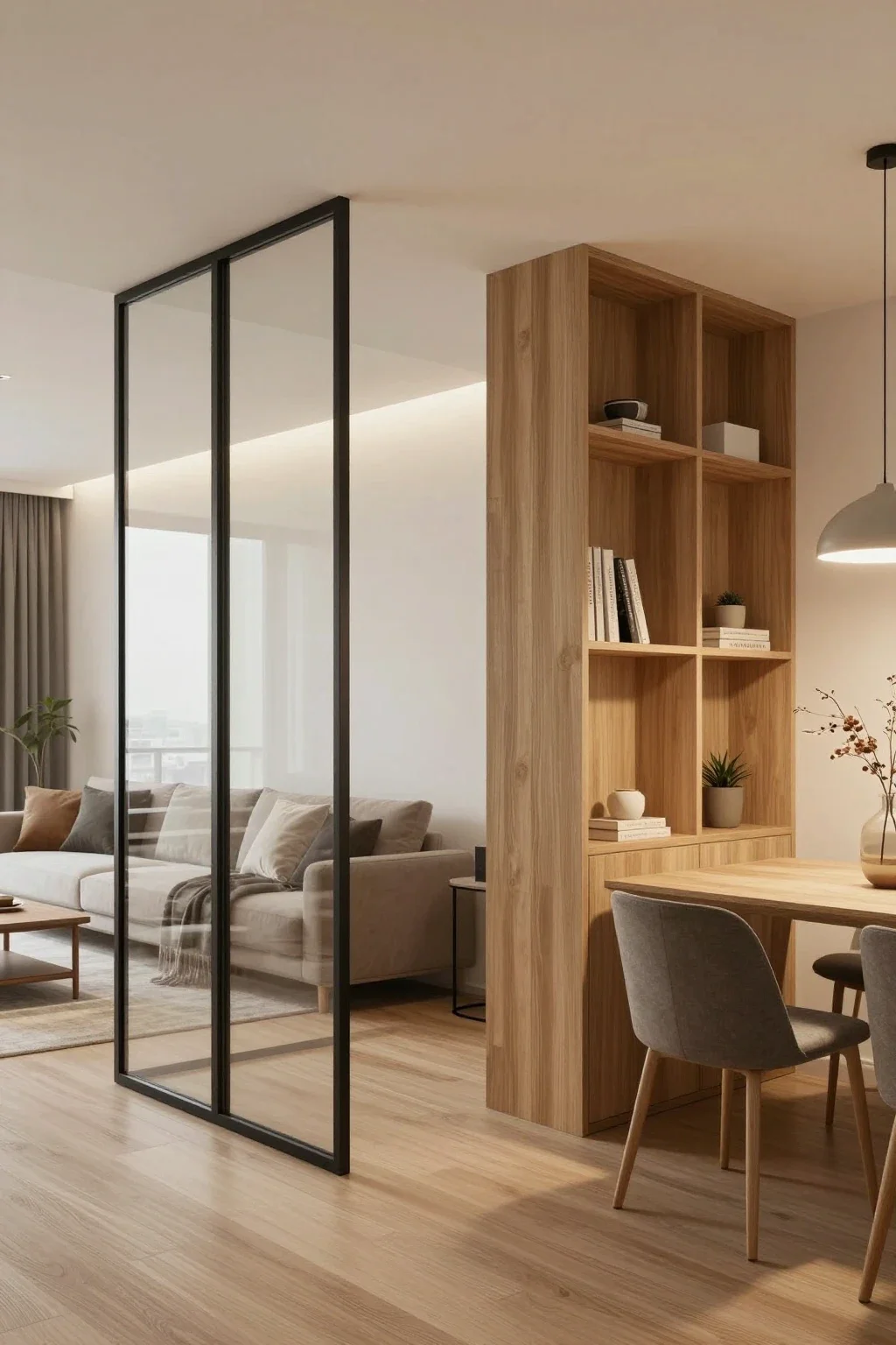 Modern apartment with open-concept layout and stylish room dividers