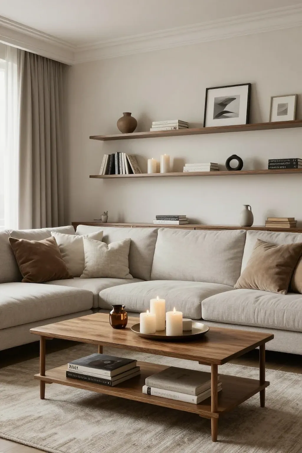Stylish living room with refreshed painted furniture, modern shelf decor and cozy neutral styling