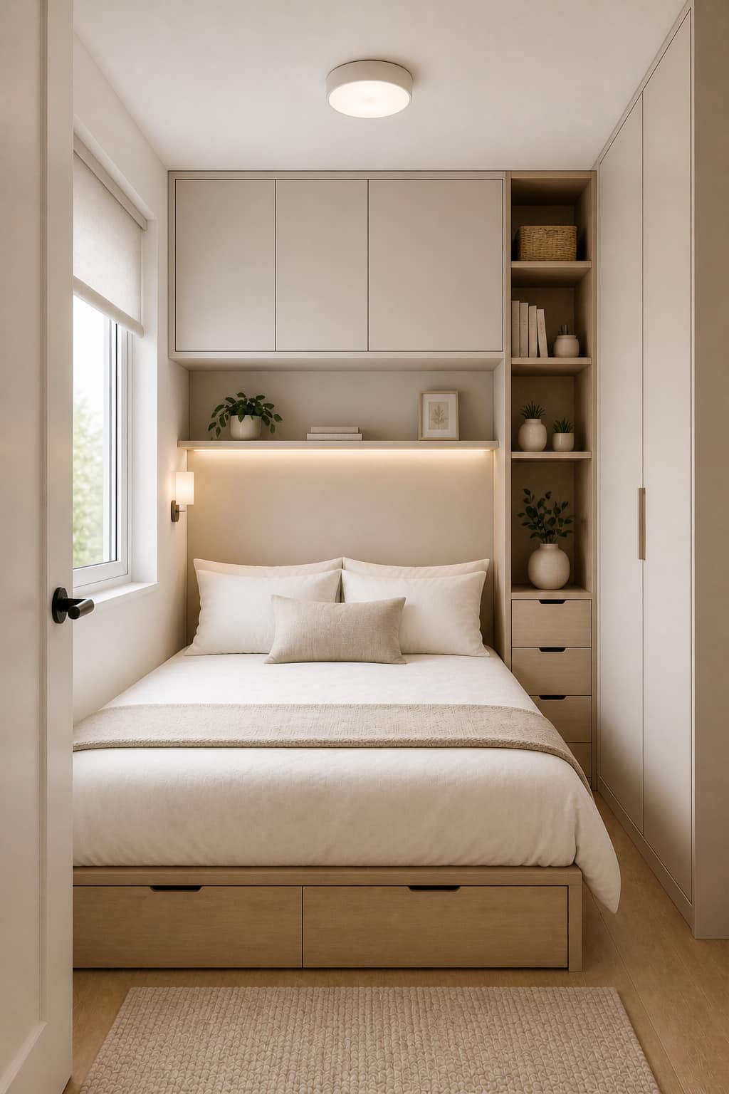 Small bedroom with built-in furniture solutions