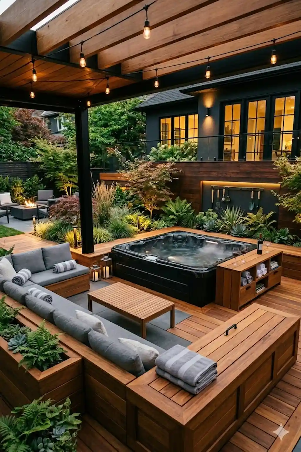 Backyard hot tub with built-in wooden benches and cozy decor