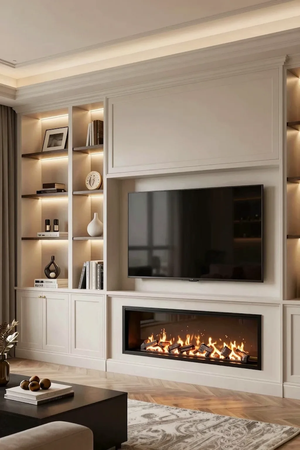Custom built-in entertainment wall with fireplace, shelving, and integrated television