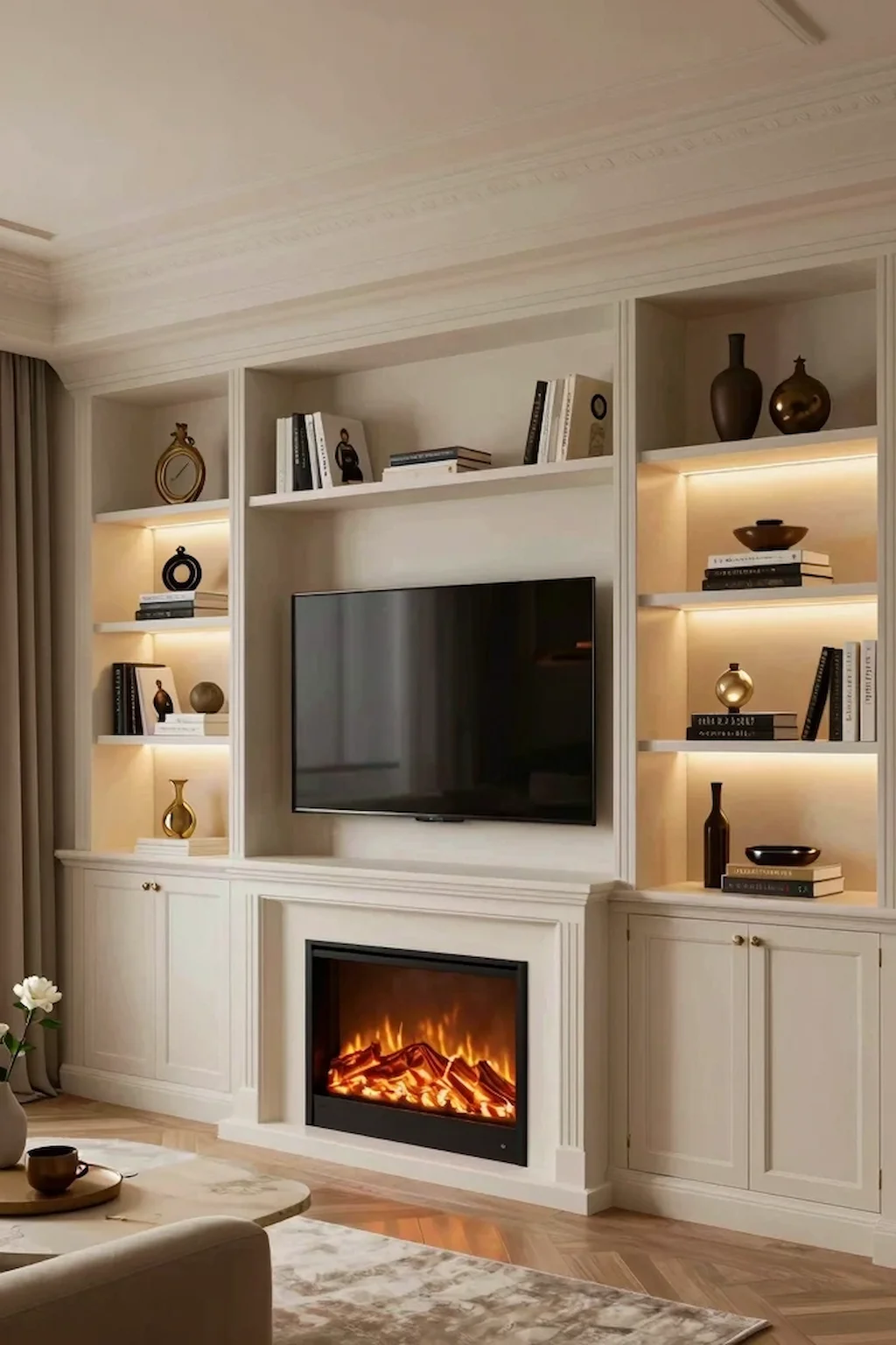 Electric fireplace wall with built-in shelving, storage, and mounted TV