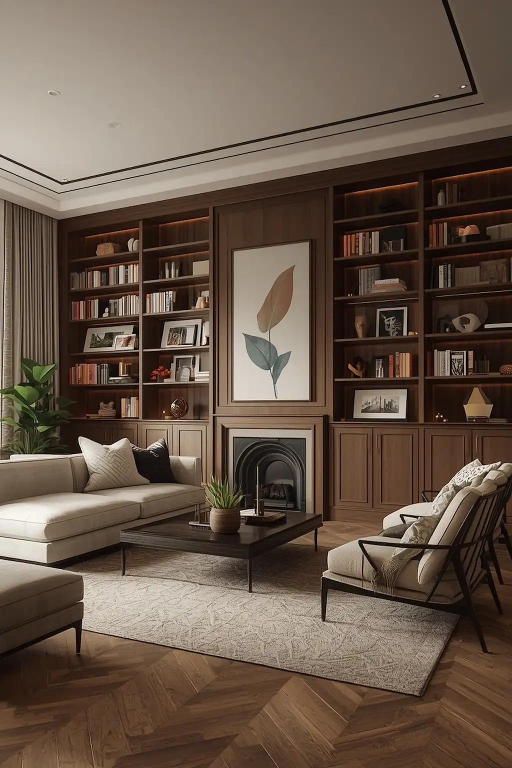 spacious living room with floor-to-ceiling shelves and modern decor