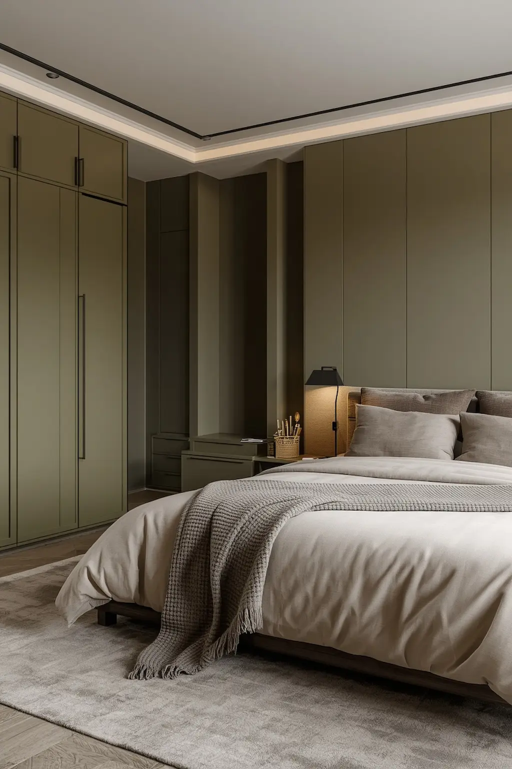 Olive green bedroom with built-in storage and modern design