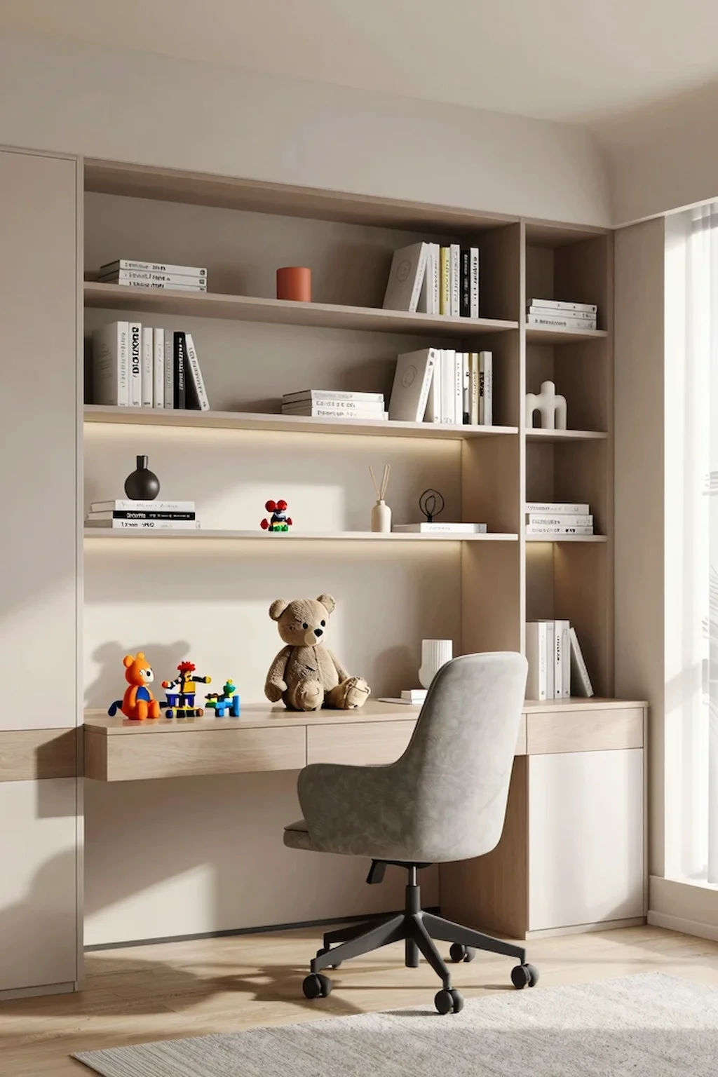 Small apartment study room with built-in shelves, integrated desk, and organized storage solutions