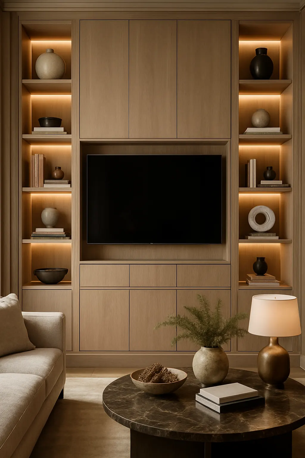 Custom built-in TV cabinet wall with shelving and integrated lighting