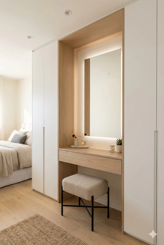 Bedroom with custom built-in vanity unit