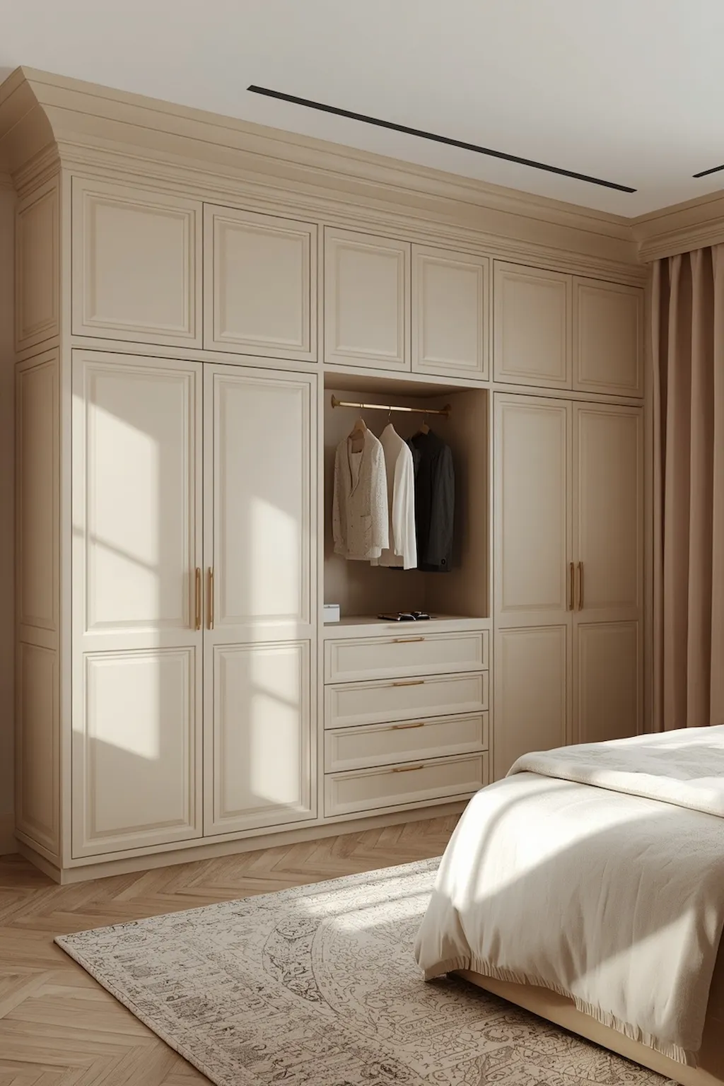 Custom built-in wardrobe integrated into bedroom wall