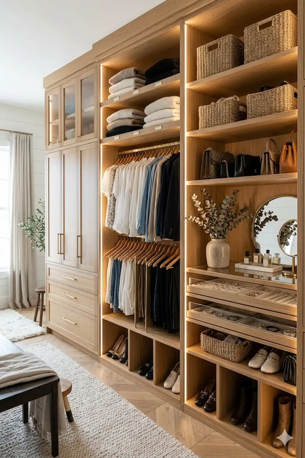 Wardrobe with open shelves displaying accessories and decor

Prompt: