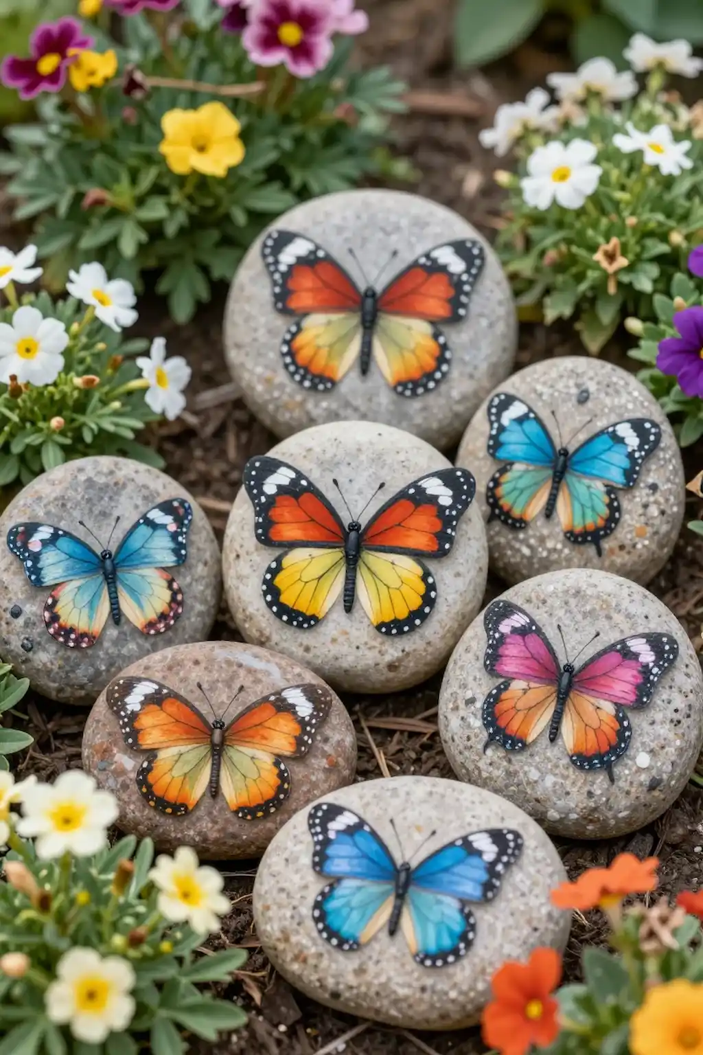Painted butterfly rocks displayed among colorful flowers