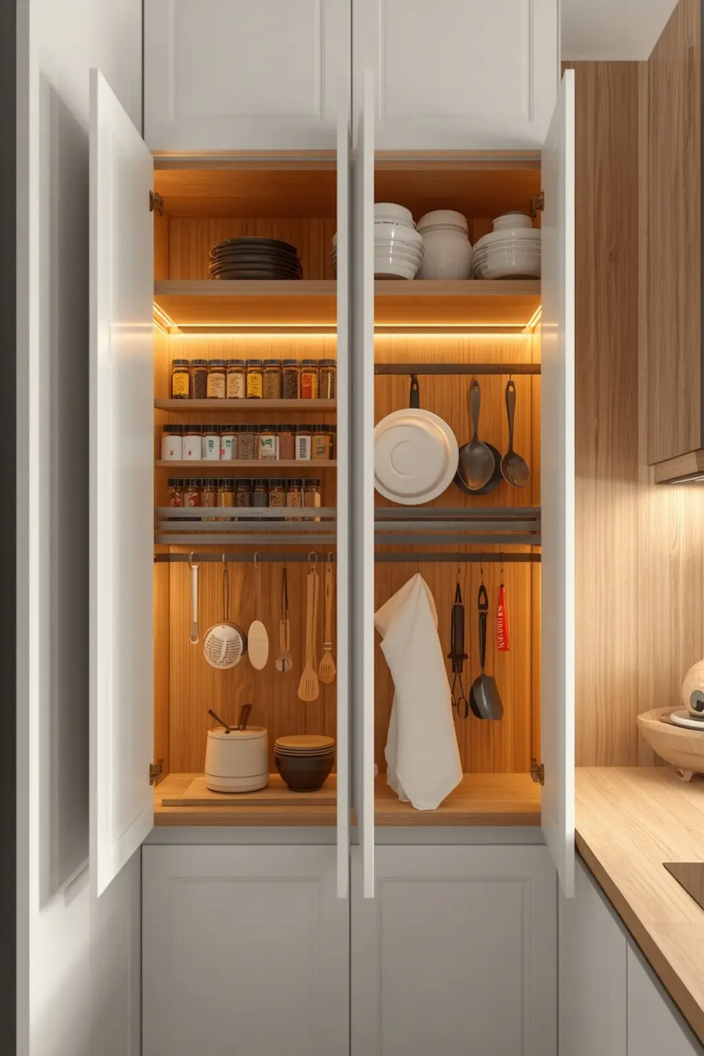 Kitchen cabinet doors used for hidden storage organization