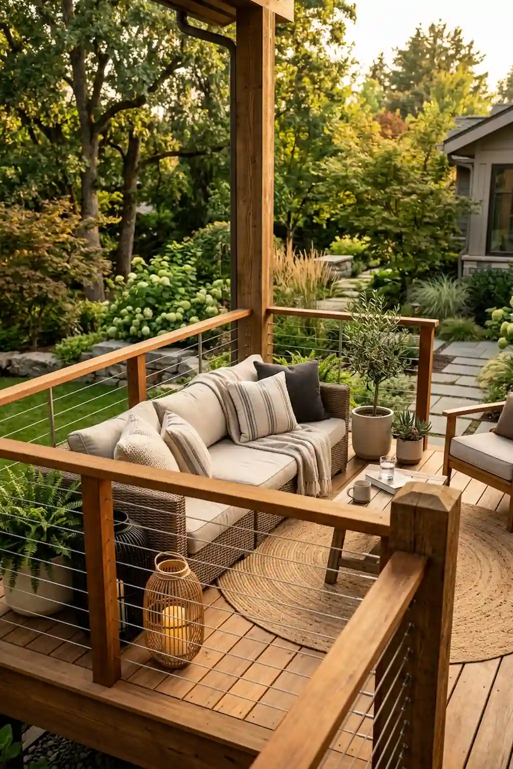 Modern deck with cable railings and wooden posts