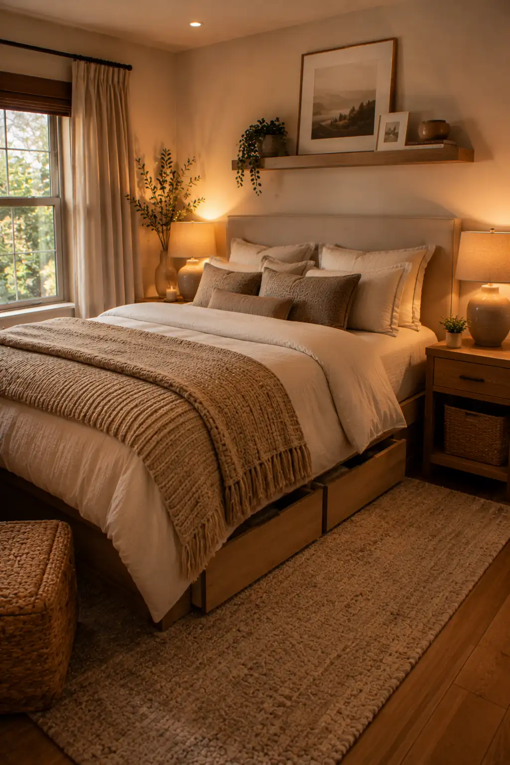 Minimal cozy bedroom with organized decor and warm relaxing lighting.