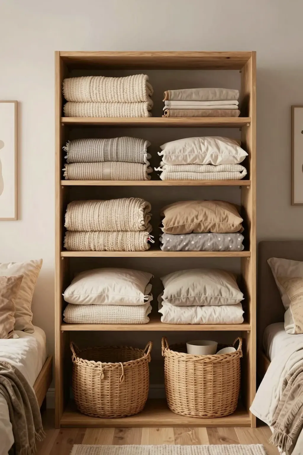 Clean and cozy small bedroom with organized decor and warm relaxing lighting.