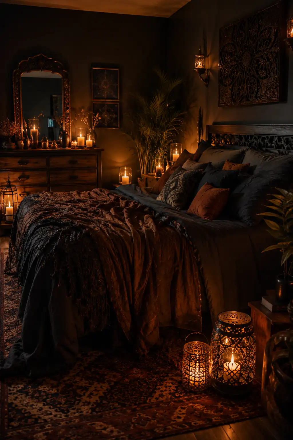 Moody boho bedroom with candlelight and warm ambiance