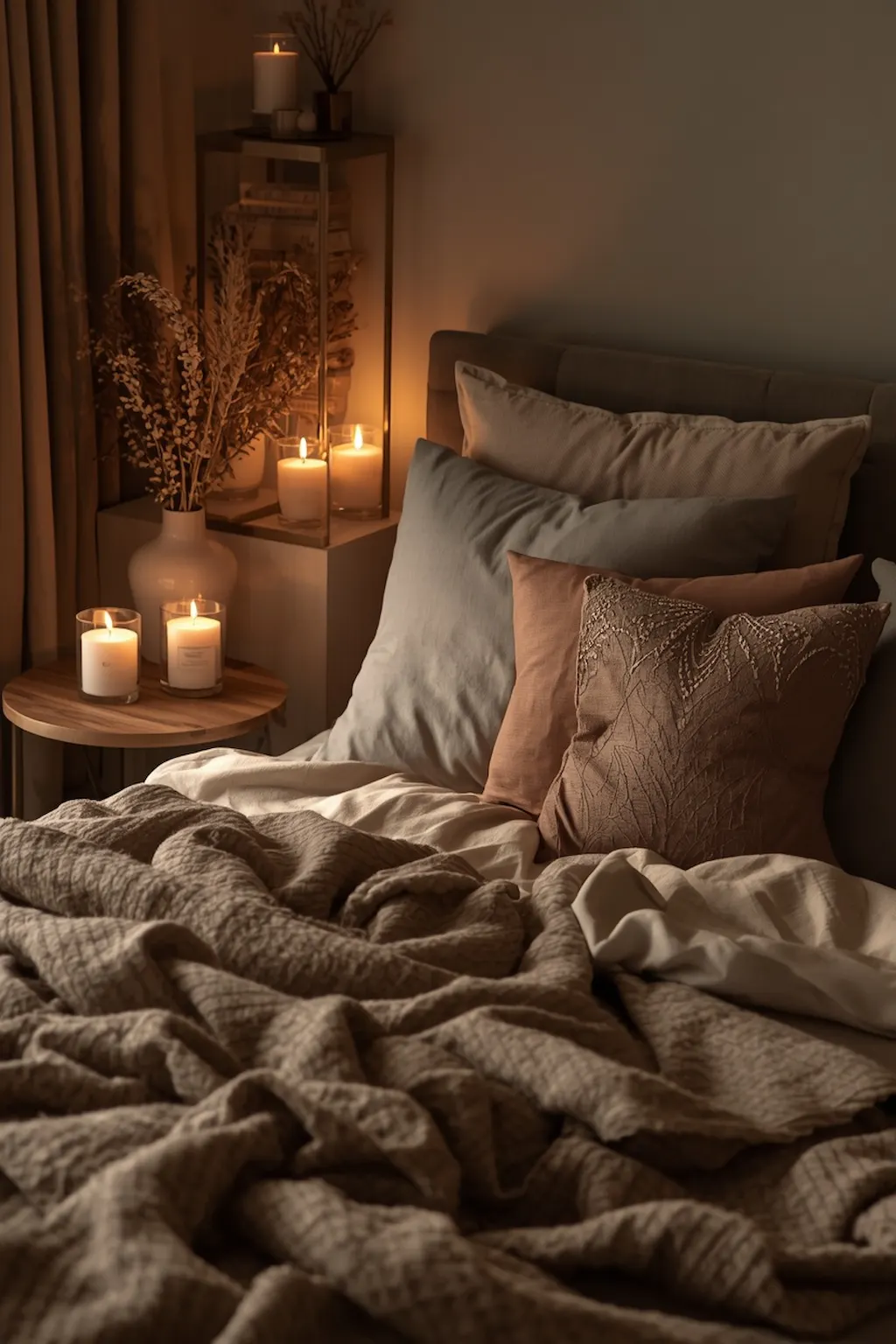 Cozy candlelit bedroom with warm lighting, soft blankets, and relaxing decor.