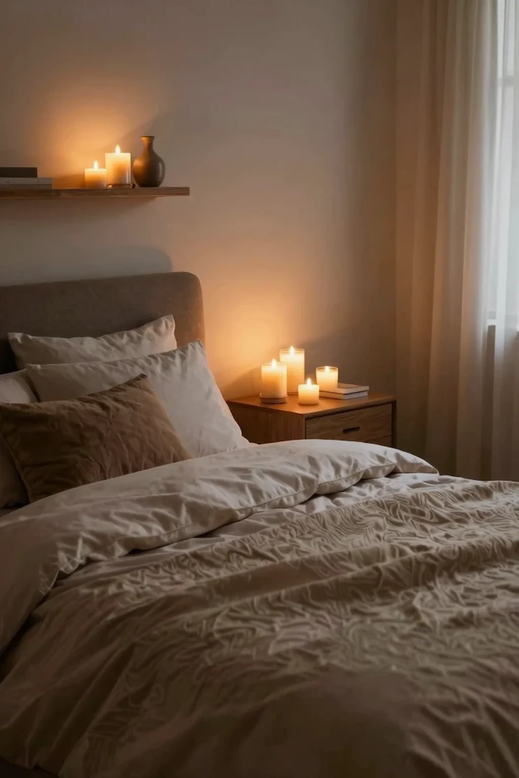 Cozy candlelit bedroom with warm lighting and soft layered bedding.