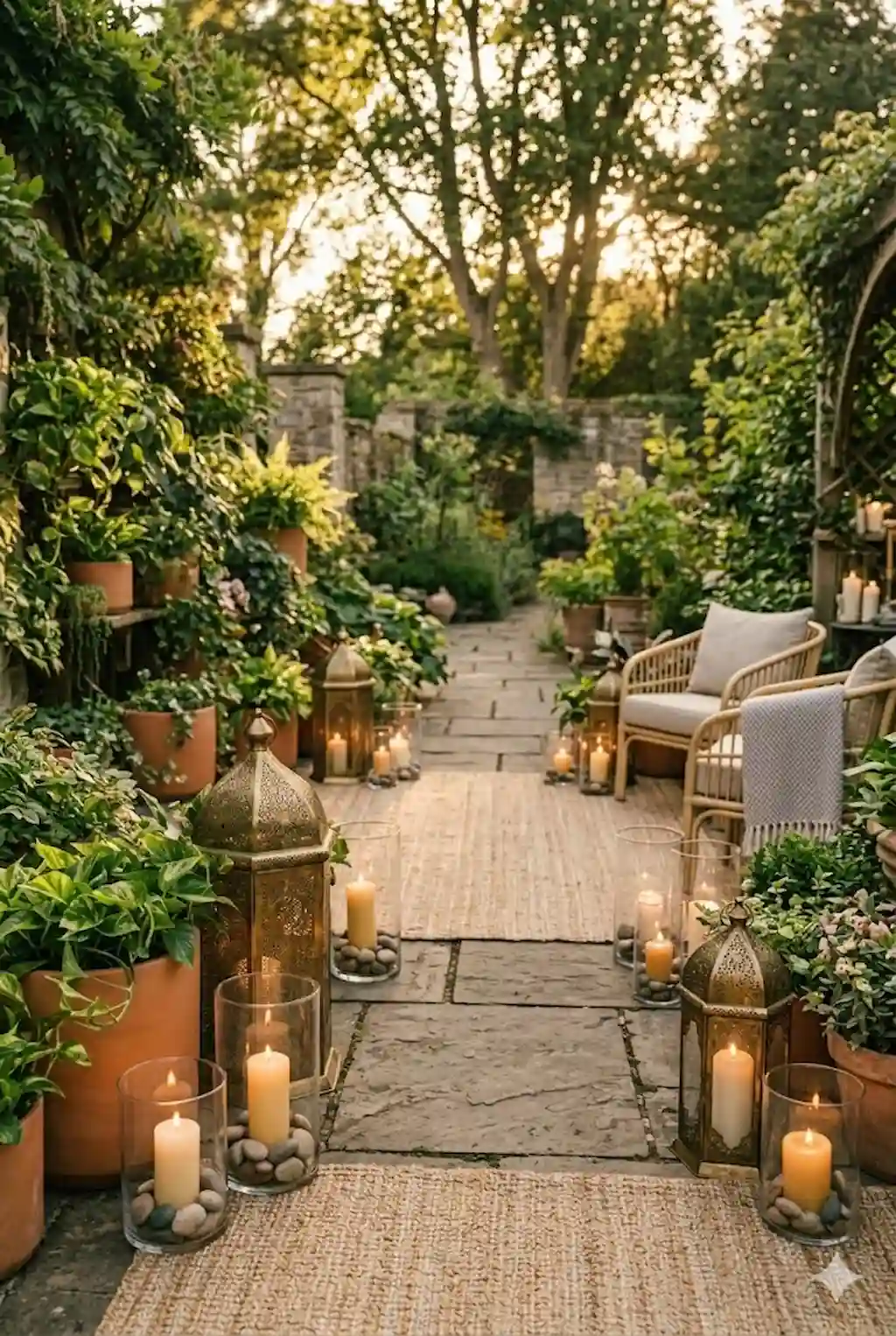 Romantic candlelit garden walkway with lanterns and greenery