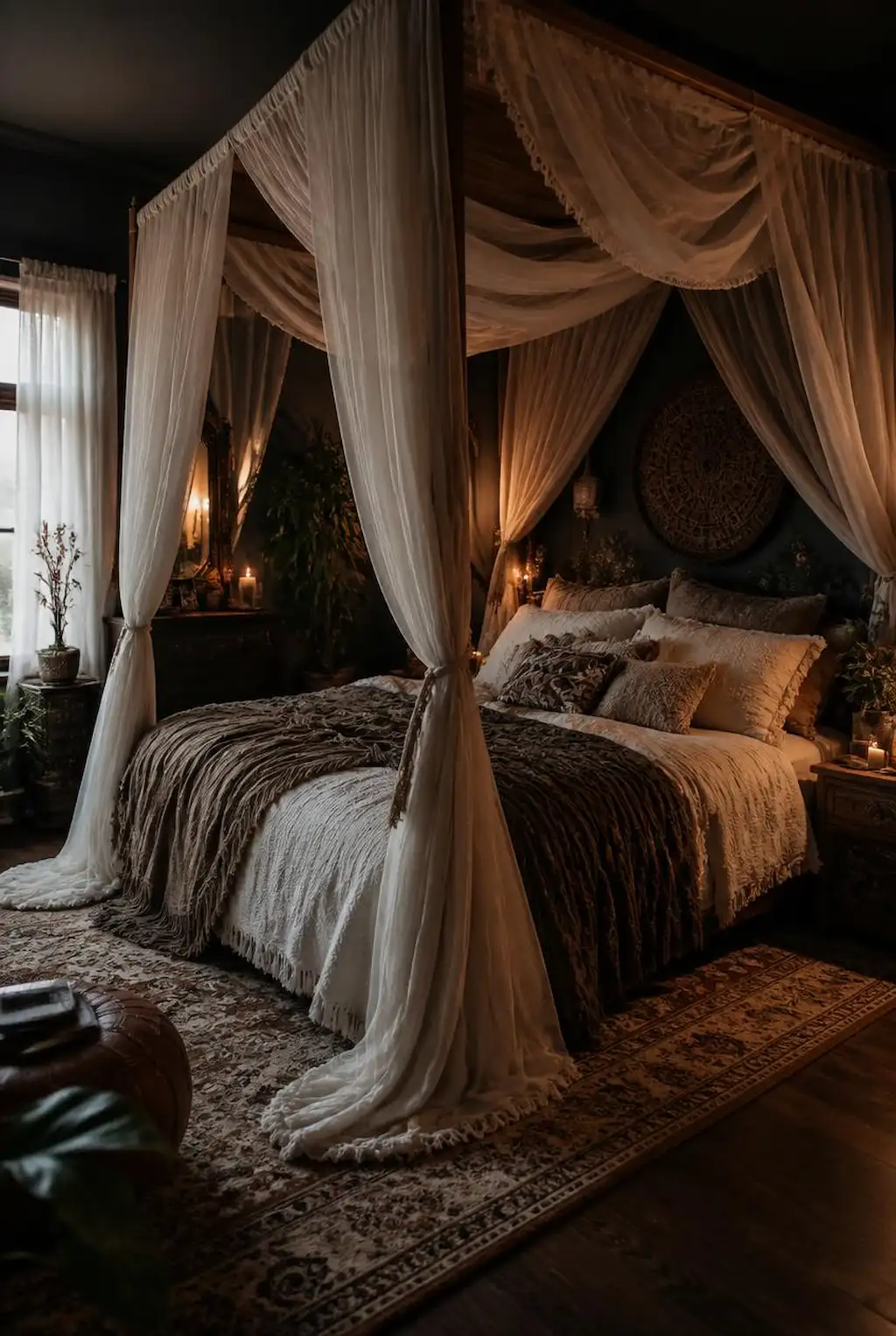 Boho bedroom with canopy bed and soft draped fabrics