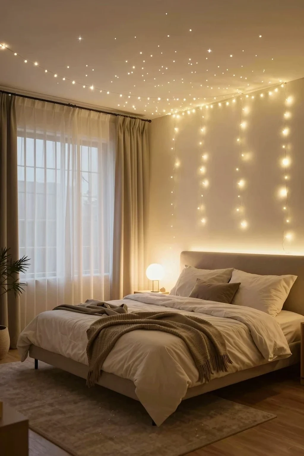 Bedroom ceiling decorated with glowing fairy lights creating a starry effect