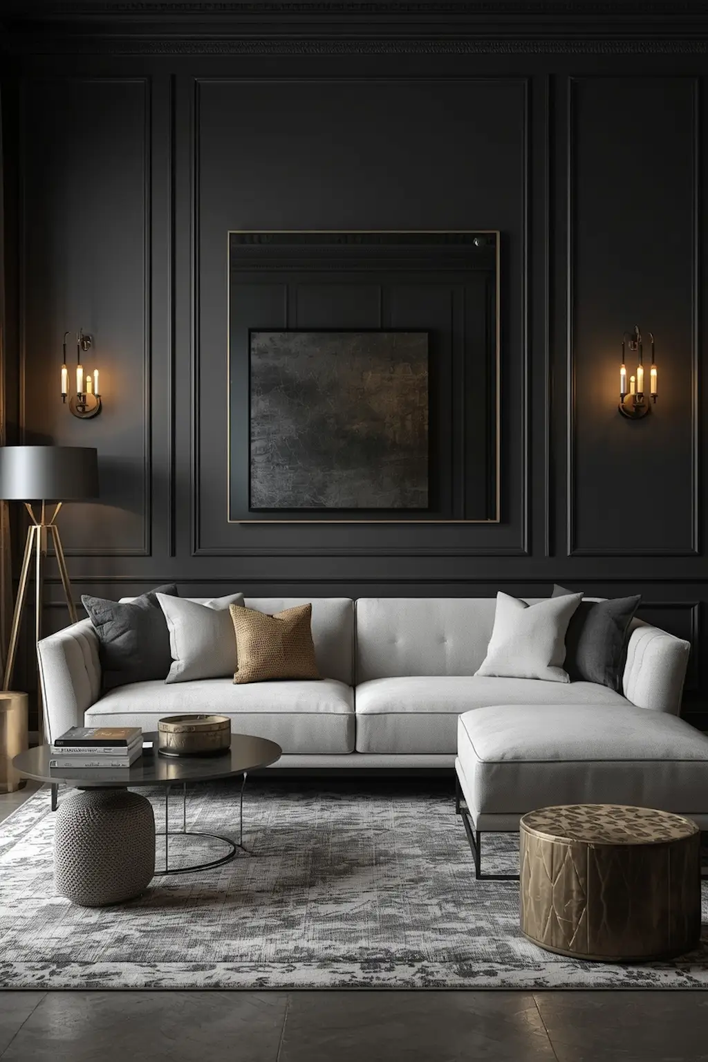 Charcoal gray living room with modern furniture and layered lighting