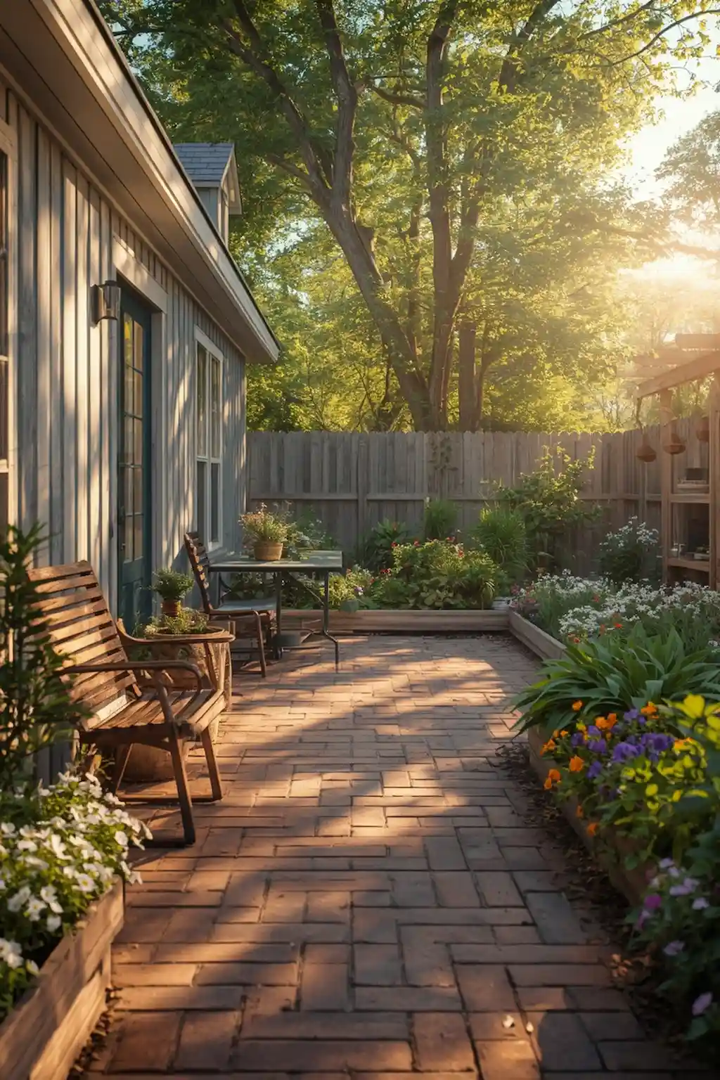 Traditional backyard brick patio with beautiful landscaping and outdoor seating
