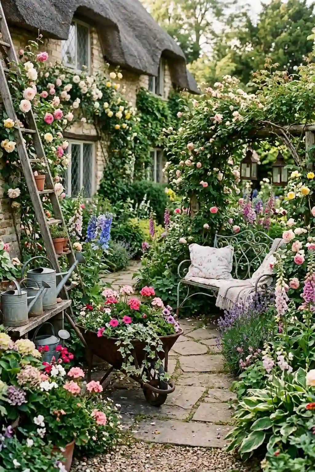 Vintage garden decor with rustic accessories surrounded by colorful cottage garden flowers.