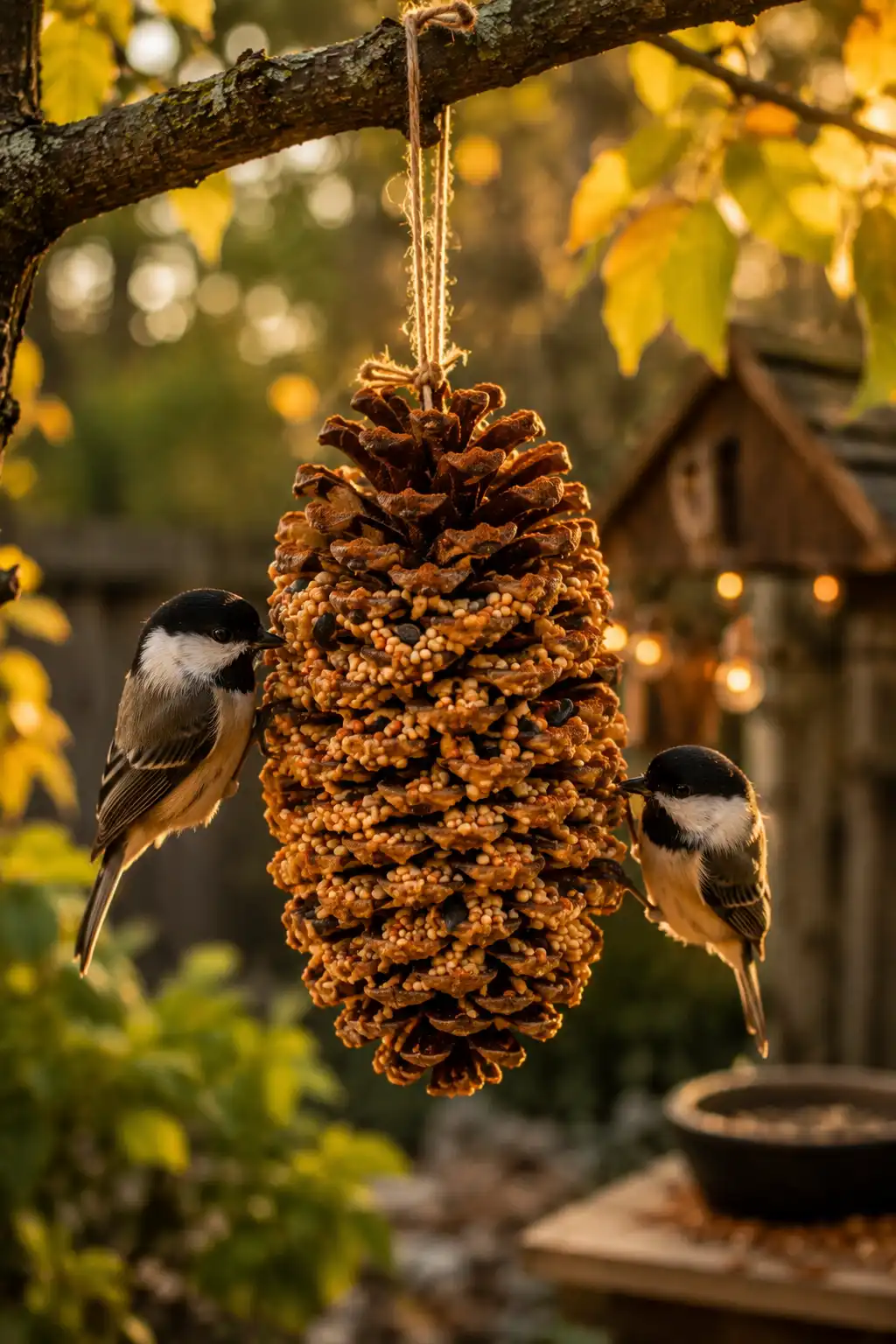 Pine cone feeder dusted with cinnamon hanging in a cozy garden
