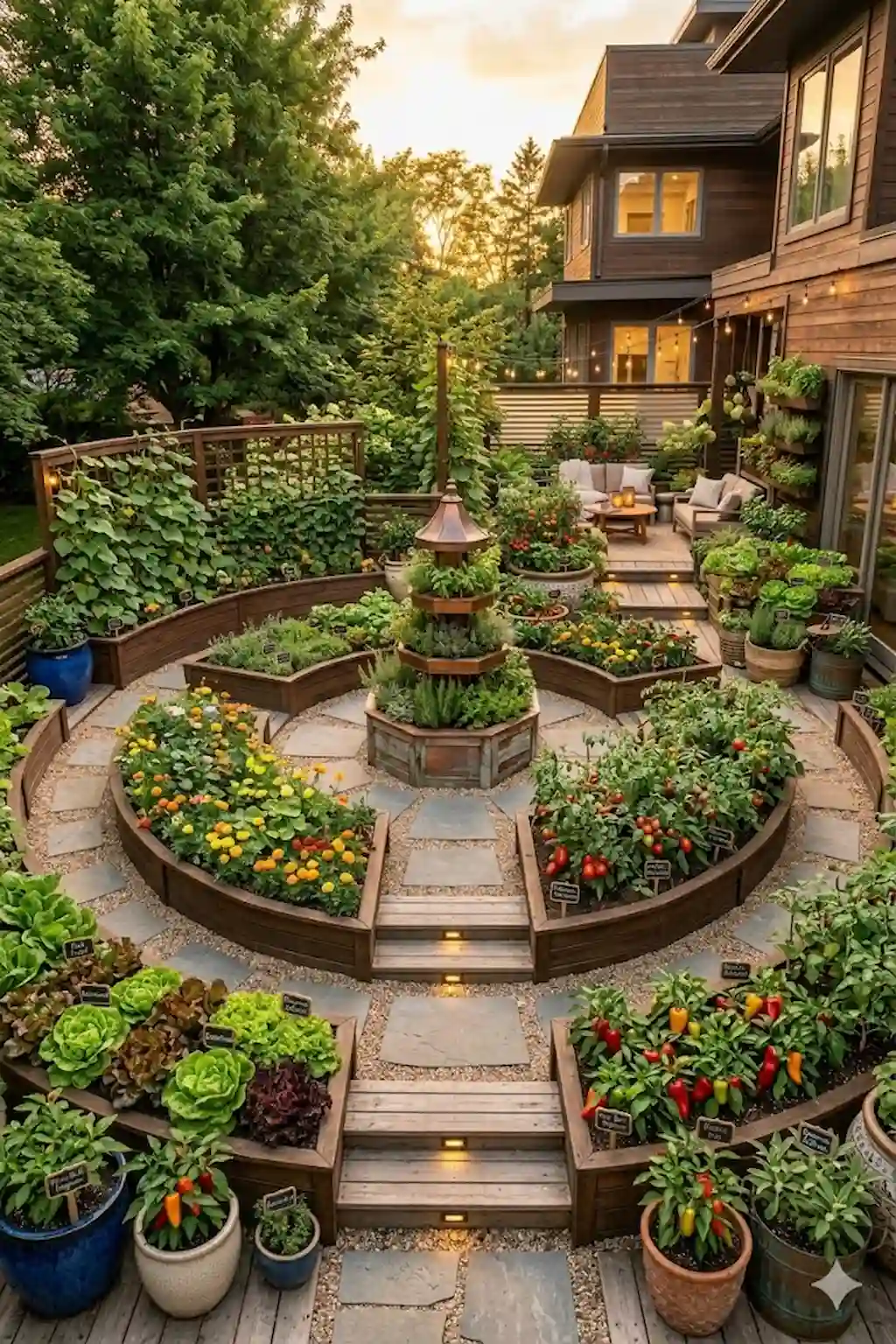 Round vegetable garden layout with central focal point