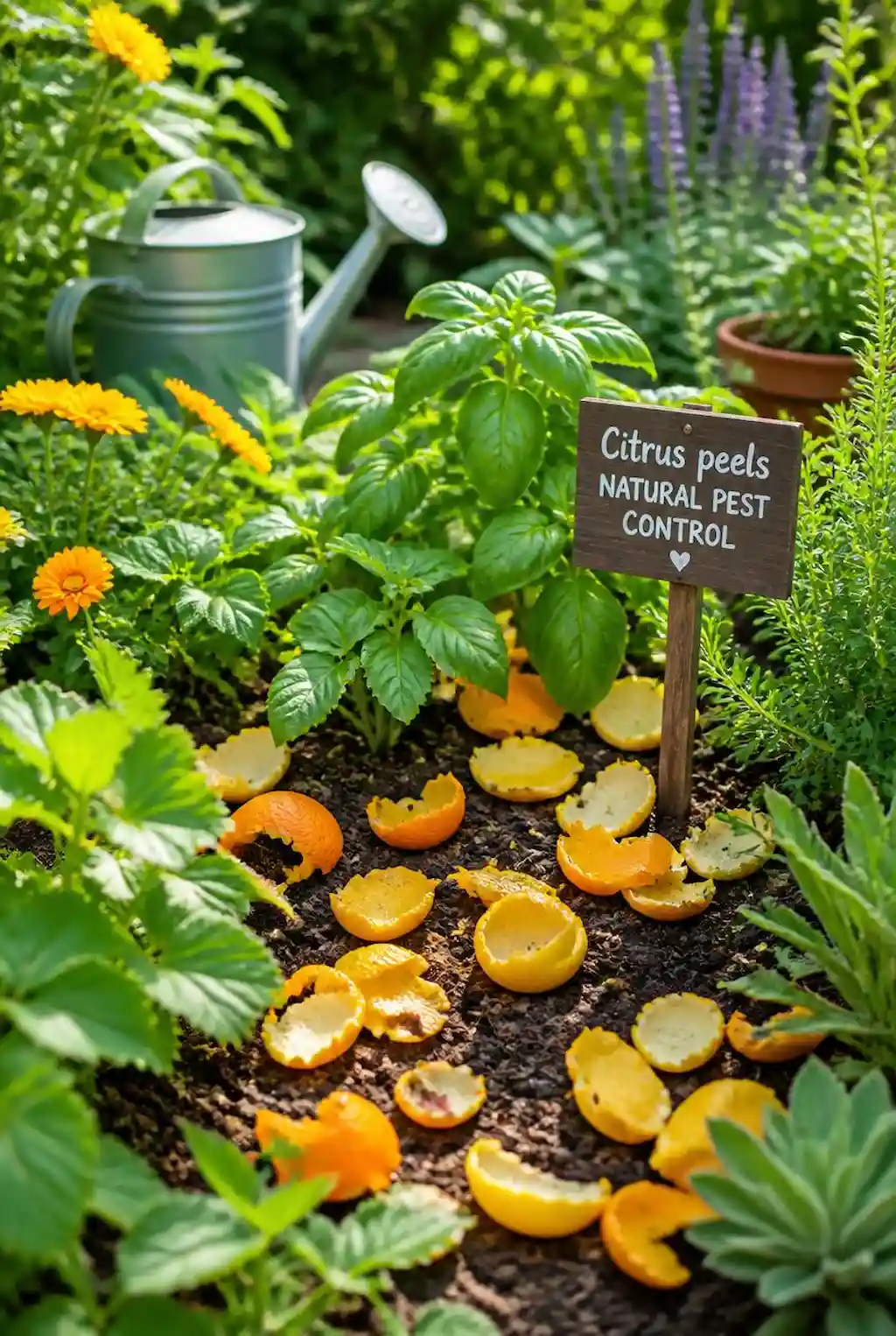 Citrus peels used around plants to naturally deter garden pests