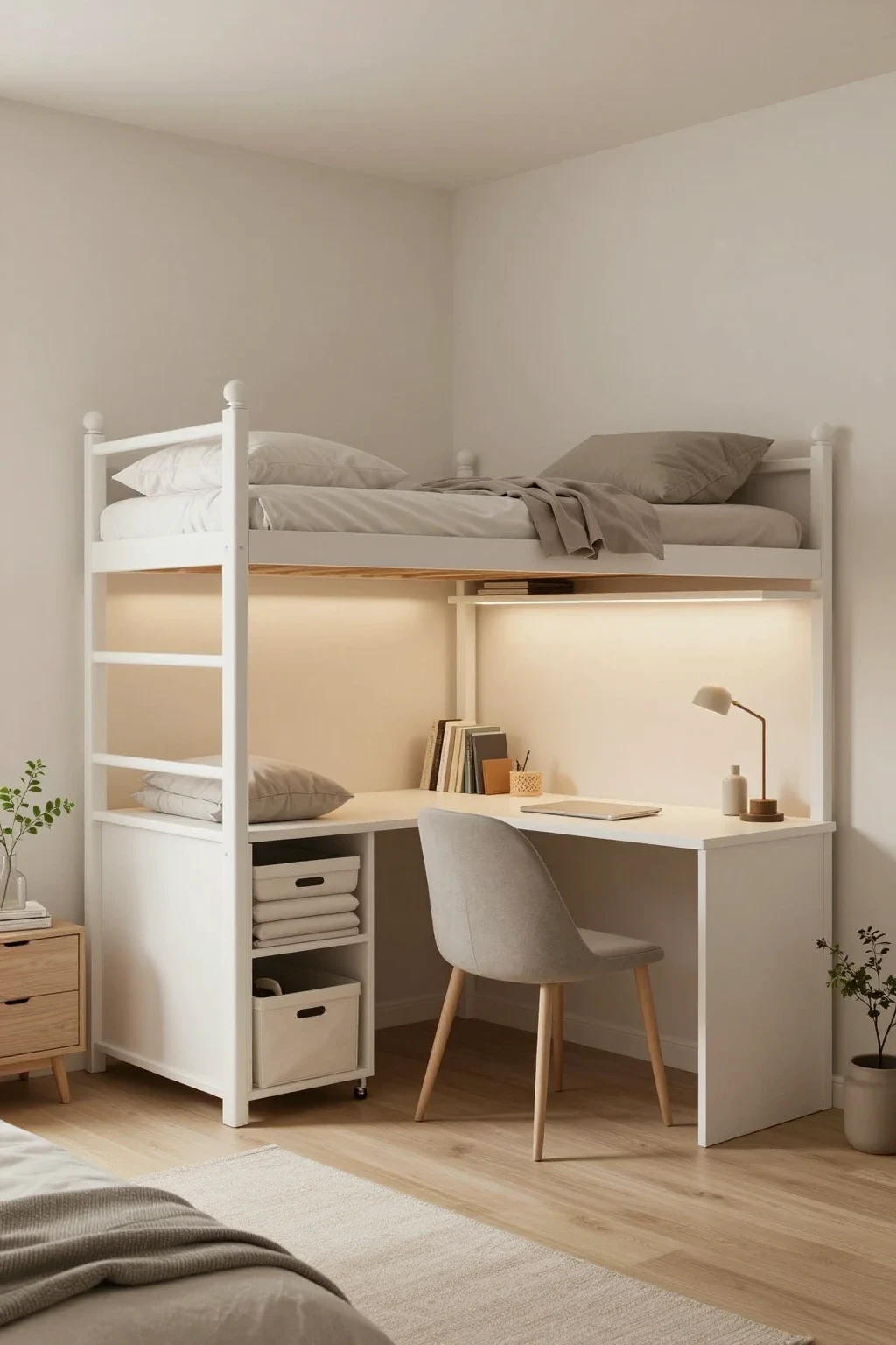 Minimalist college dorm room with clean organized decor and cozy lighting