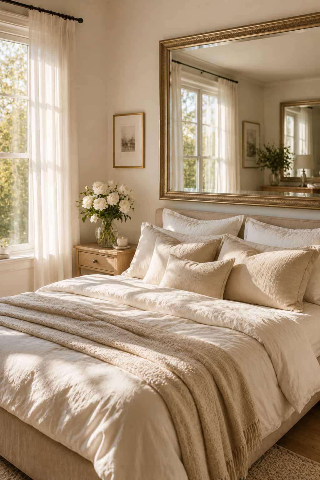 small bedroom with mirror reflecting ligh