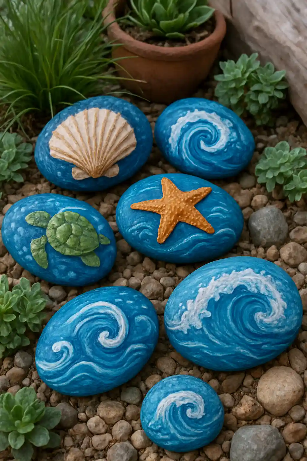 Painted rocks featuring seashells, waves, starfish, and sea turtle designs