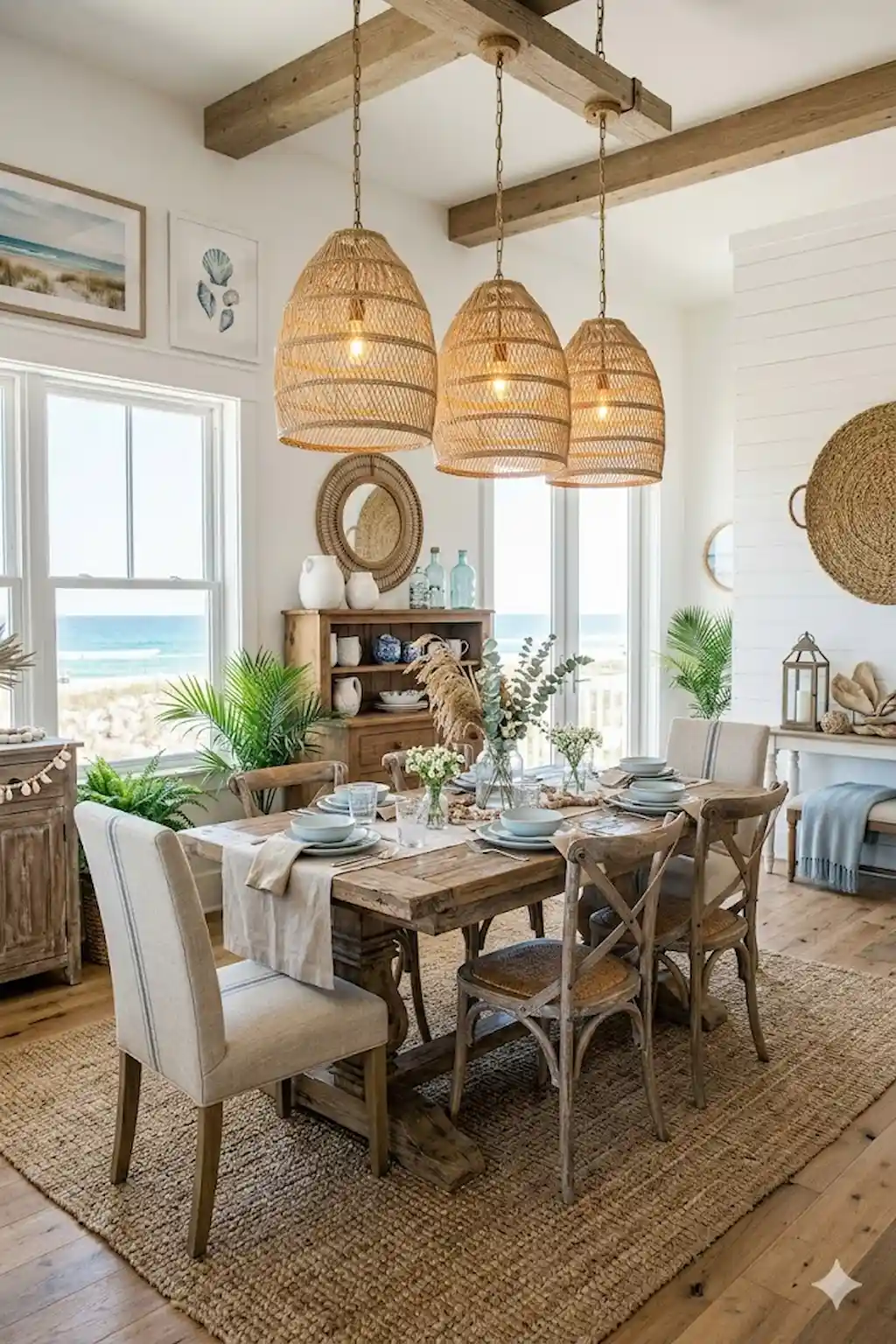Coastal rustic dining room with weathered wood furniture, blue accents, and woven textures