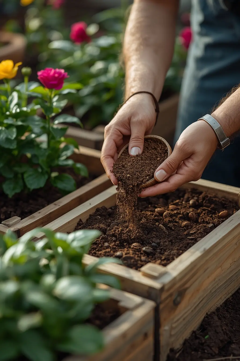 Coffee grounds being mixed into soil as a natural plant fertilizer