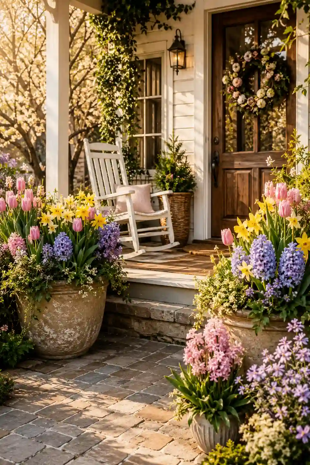 Spring front porch planters with colorful tulips and farmhouse decor