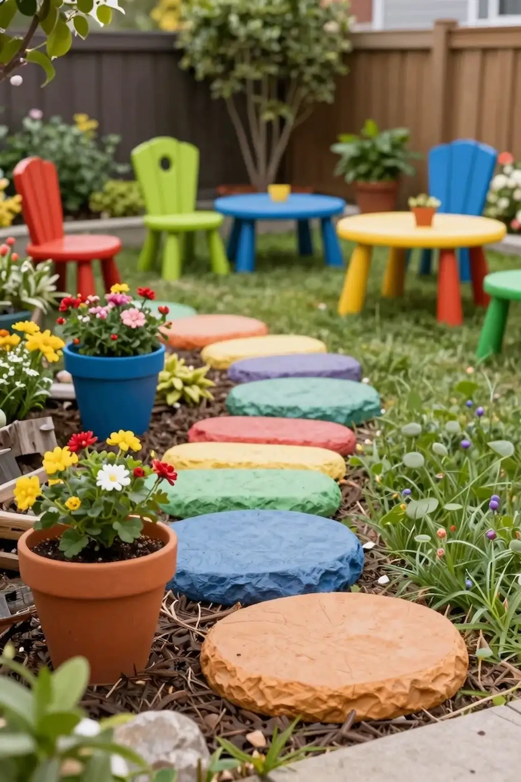 Backyard kids garden area with rainbow decor