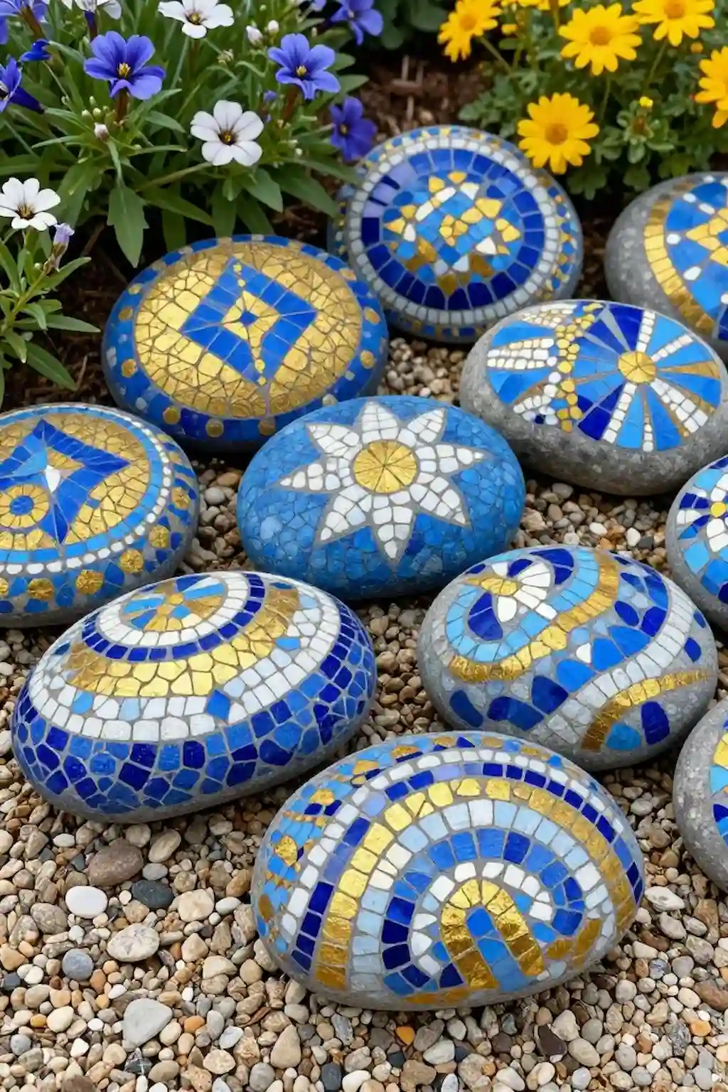 Decorative mosaic-style painted rocks featuring intricate colorful patterns