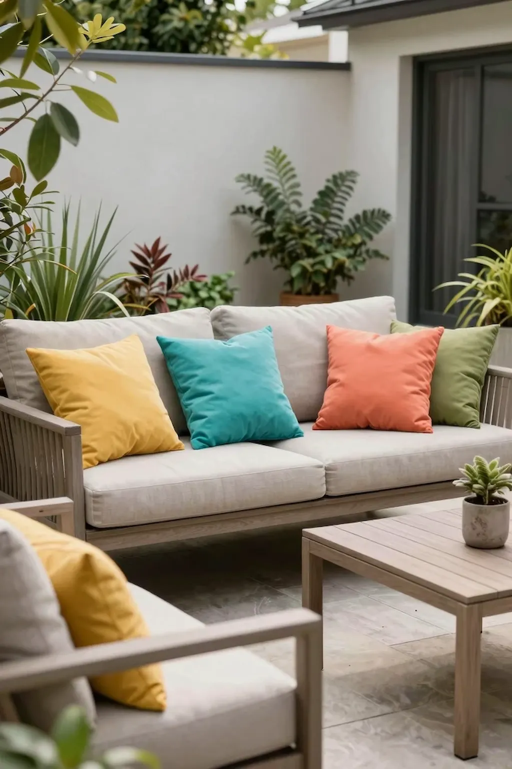 Patio seating with colorful outdoor cushions