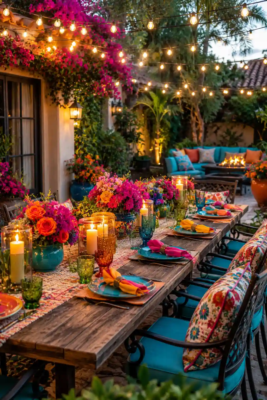 Vibrant outdoor dining space with colorful decor
