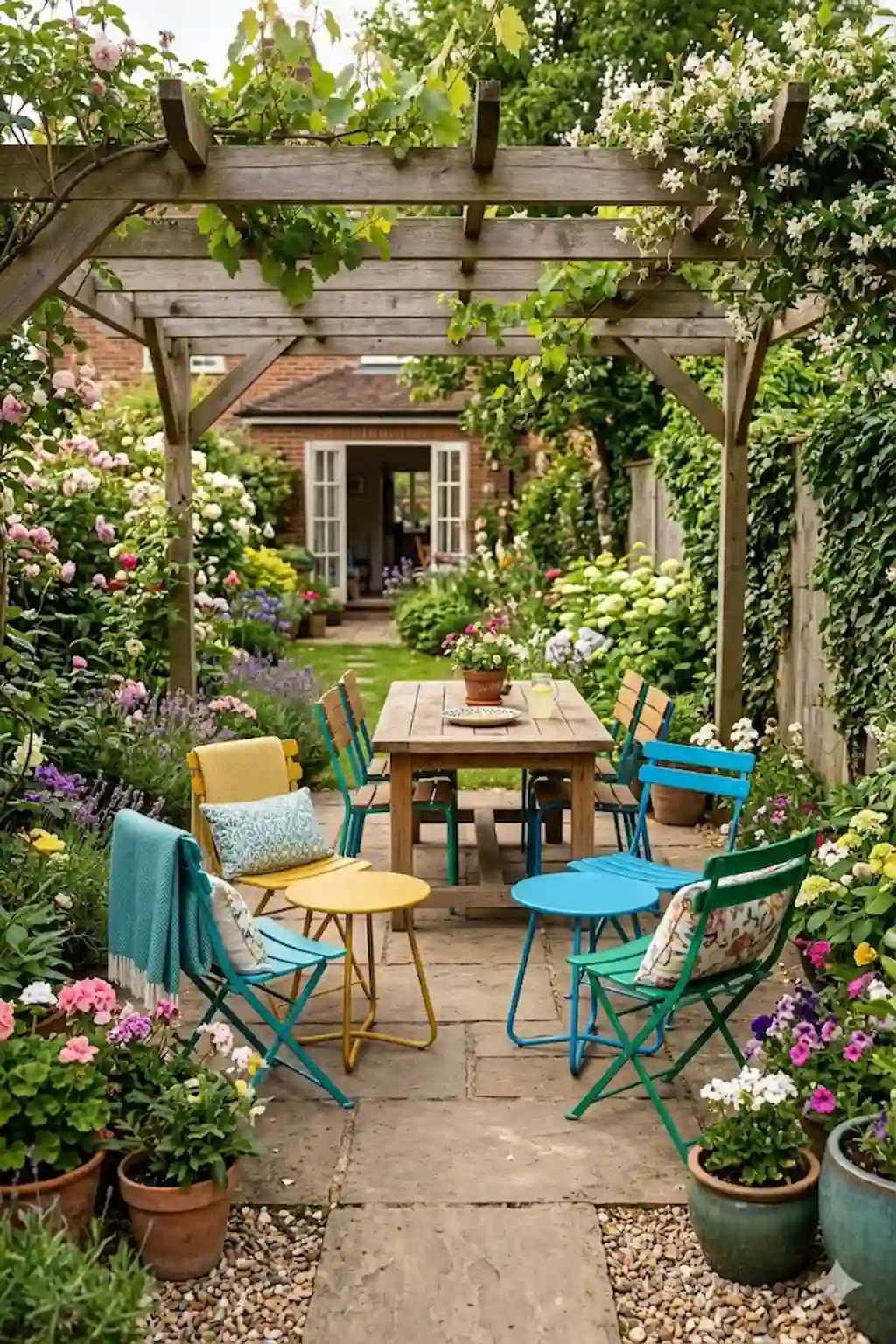 Bright patio furniture in colorful backyard