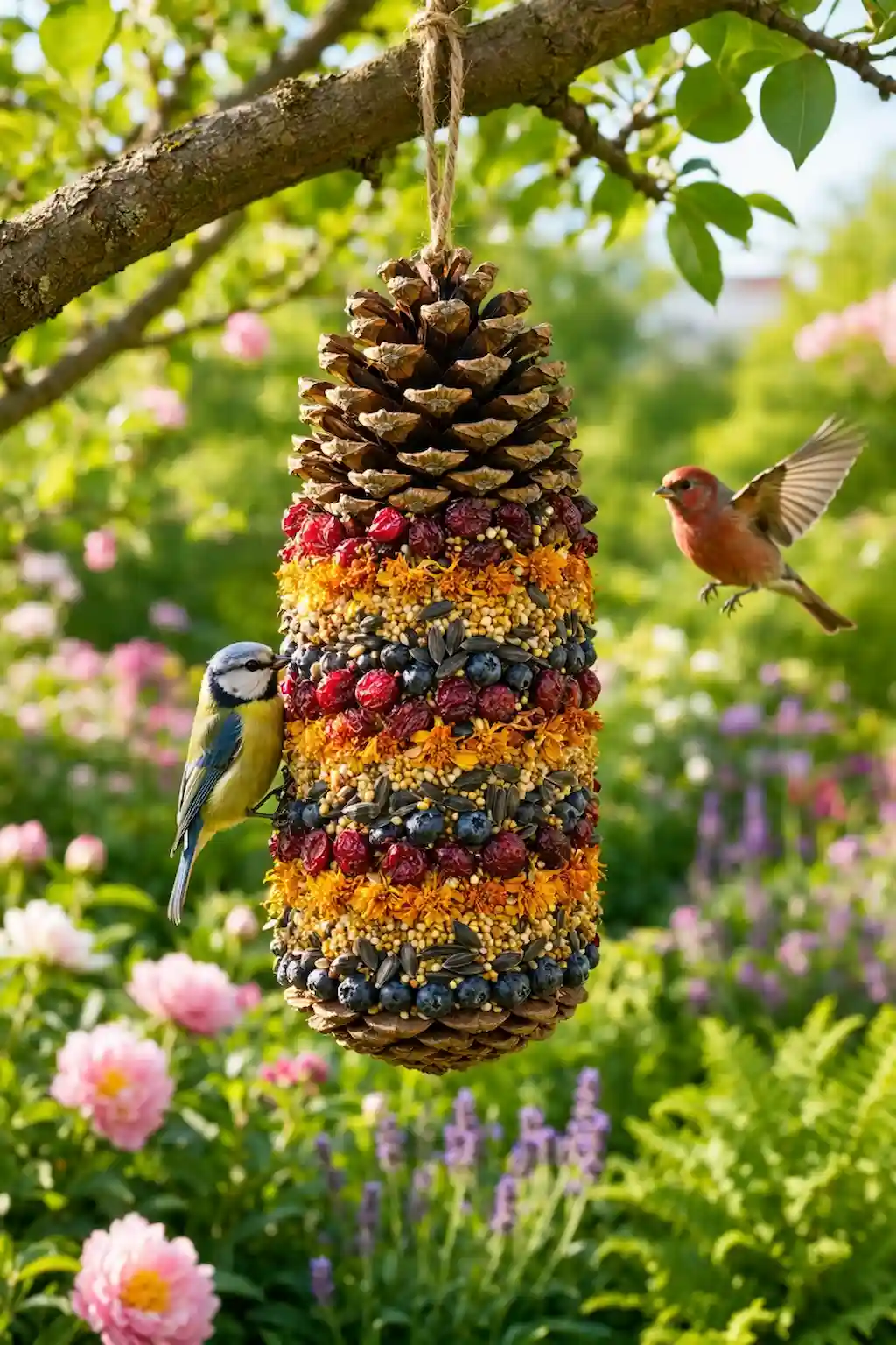 Bright decorative pine cone feeder with colorful seeds and berries