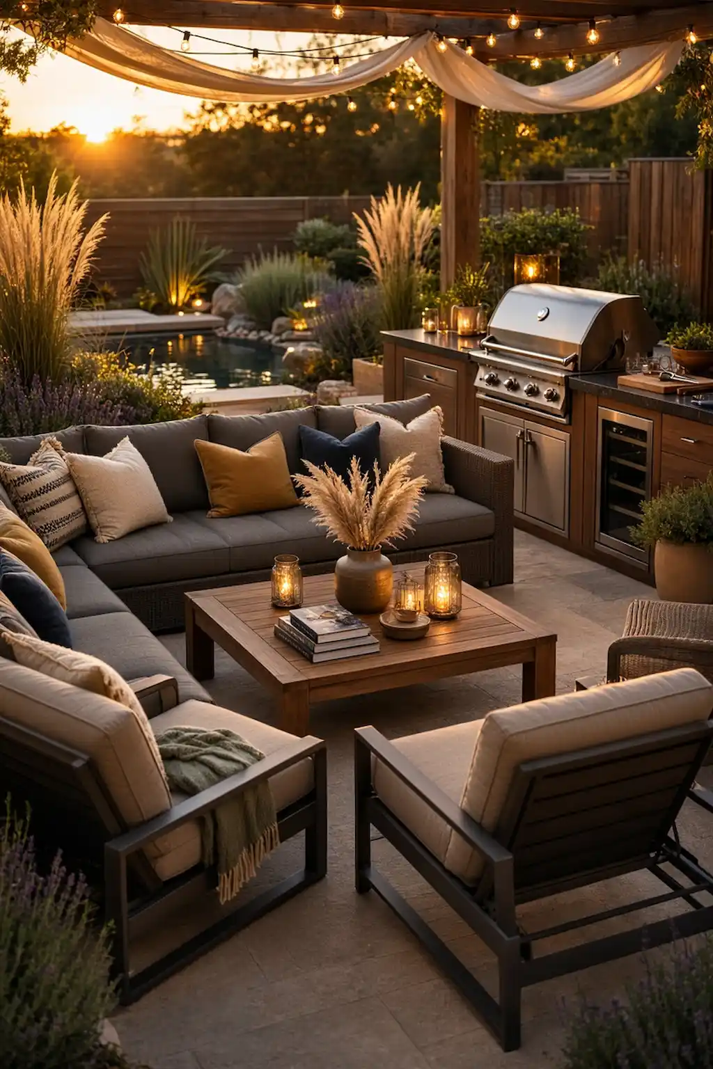 Outdoor patio with sectional sofa, cushioned chairs, and stylish BBQ setup